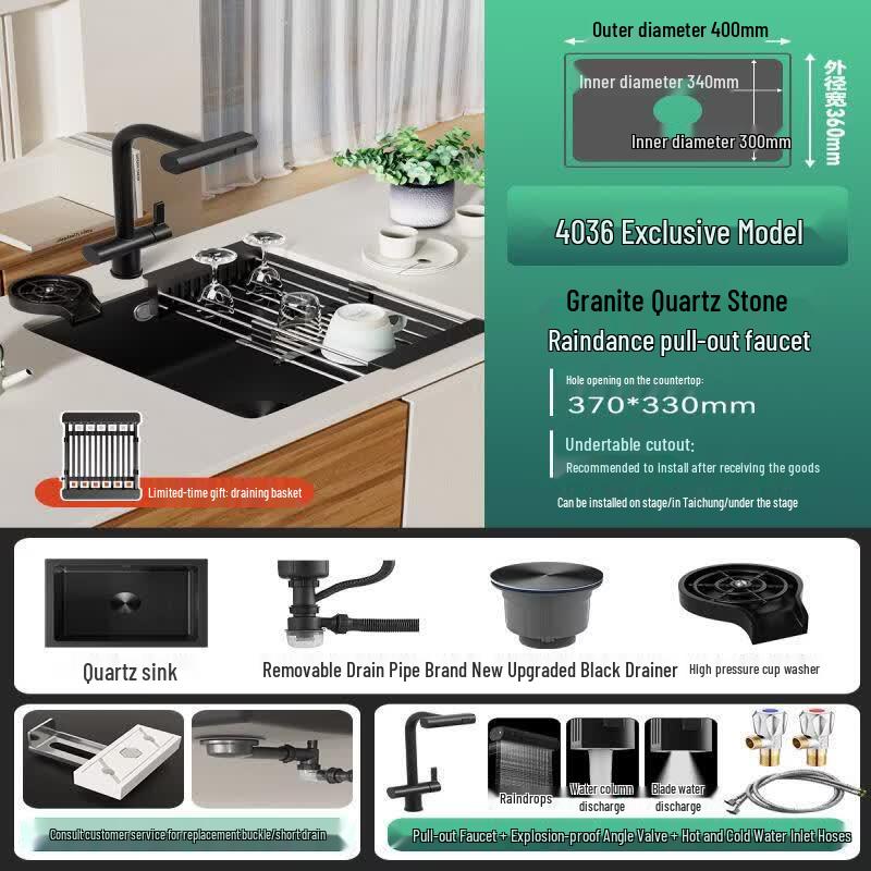 Aokewen Black Quartz Kitchen Single Bowl Sink with Pull-Out Faucet