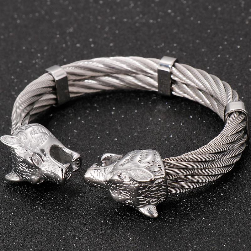 Gotisch Goldfarbe Edelstahl Wolf Löwenkopf Offener Armreif Manschettenarmband für Mann Herren Männlich am Handgelenk Schmuck Zubehör