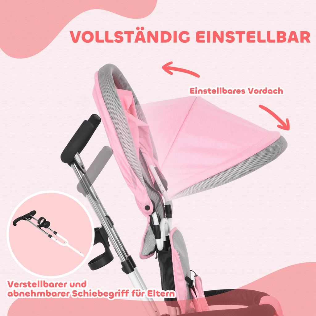 6-in-1 Children's Tricycle, Push Bar, Canopy, Safety Belt, Storage Basket, 1-5 Years, Pink