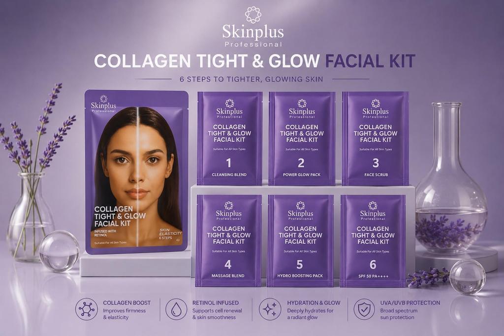 SKINPLUS Professional 6-Step Facial Kit| Infused Actives for Hydration, Brightening & Skin Elasticity | Suitable for All Skin Types (Collagen Tig