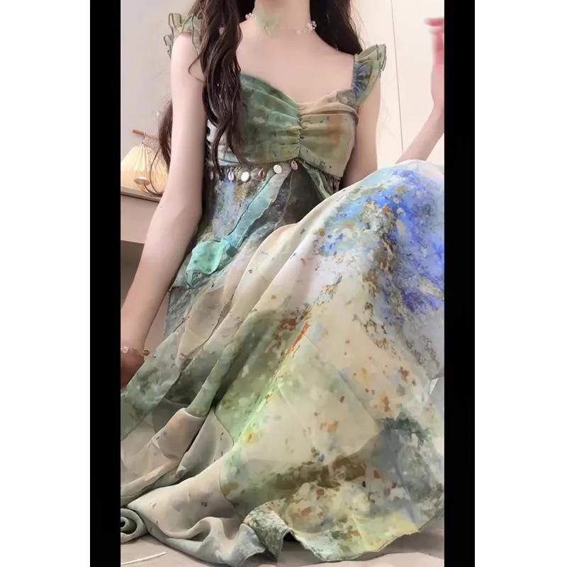 Šaty na šle s rozmazaným olejovým potiskem ve vintage stylu - Dámská letní volánová úzká dlouhá sukně