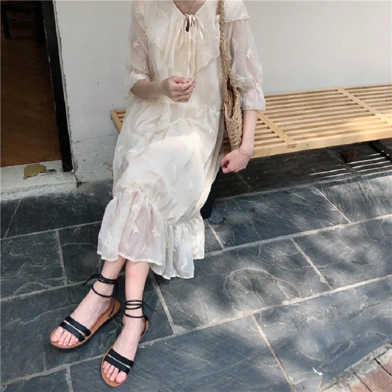 Rochie de zână în stil Lolita pentru femei de vară, cu guler Peter Pan, broderie fluture, rochie midi drăguță, cu volane, rochie de petrecere