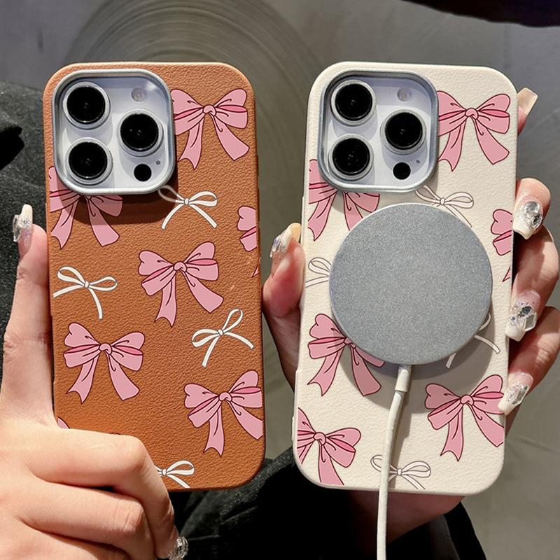 Cute Pink Bow Phone Case For iPhone 16 Pro Max Coque for iPhone 15 14 13 Pro Max 16e Magnetic Leather Texture Silicone Case Cover