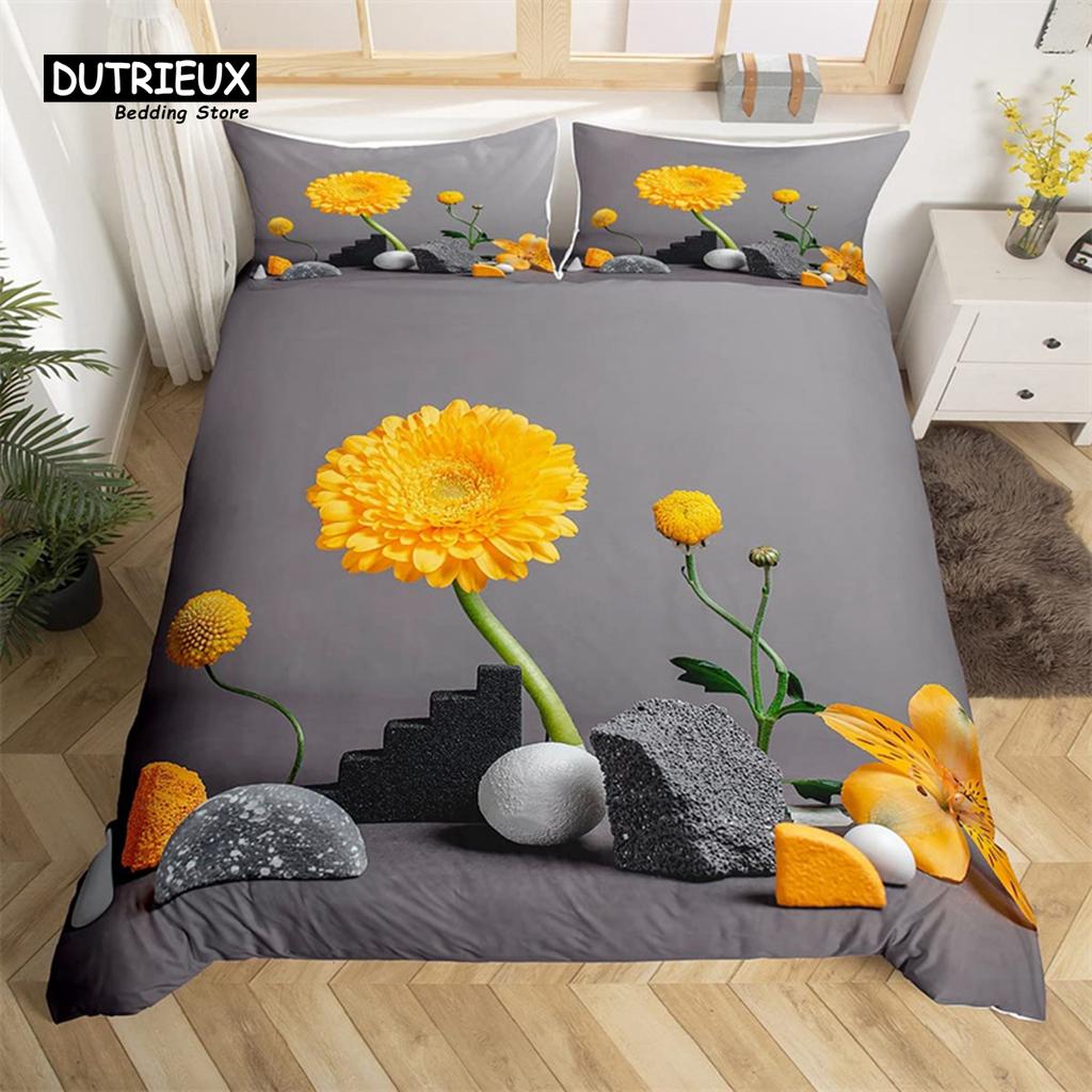 Chrysanthemen Bettbezug Gold Schmetterling Bettwäsche Set King Size Mikrofaser Blüte Blume Bettdeckenbezug Botanischer Steppdeckenbezug