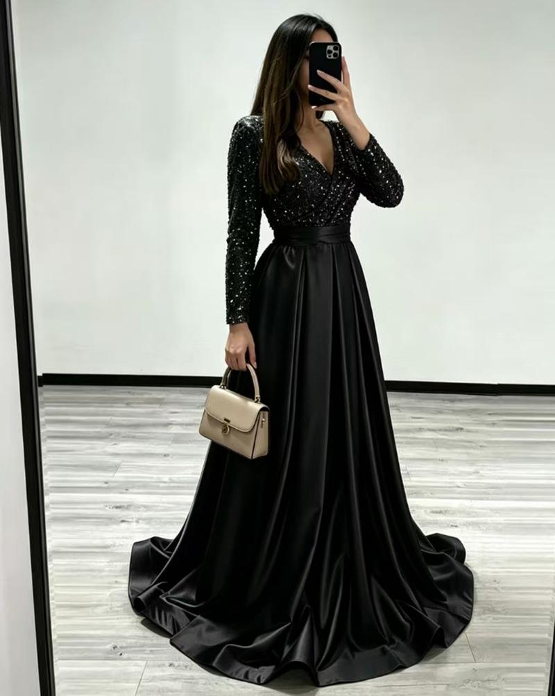 New French satin fishtail light luxury elegant temperament annual meeting host dress sequined long dress