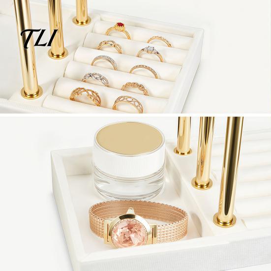 Desktop Jewelry Holder 3 Tier Velvet Organizer, T-shaped for Bracelet, Display Necklaces Rings, & Earrings, Stand with Storage Tray Non-slip