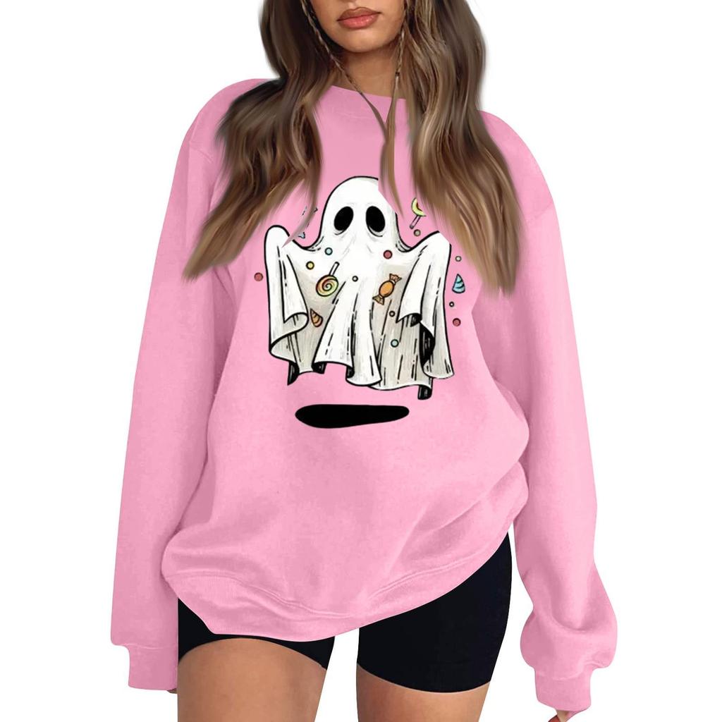 Women's Neck Long Sleeve Sweatshirt Casual Loose Fit Color Pullover with Halloween Print