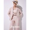 Blacknin "Heroine" Linen Gold and Silver Silk Thin and Glittering Closure Collar Stripes Pink Suit Outwear Vest Cropped Pants