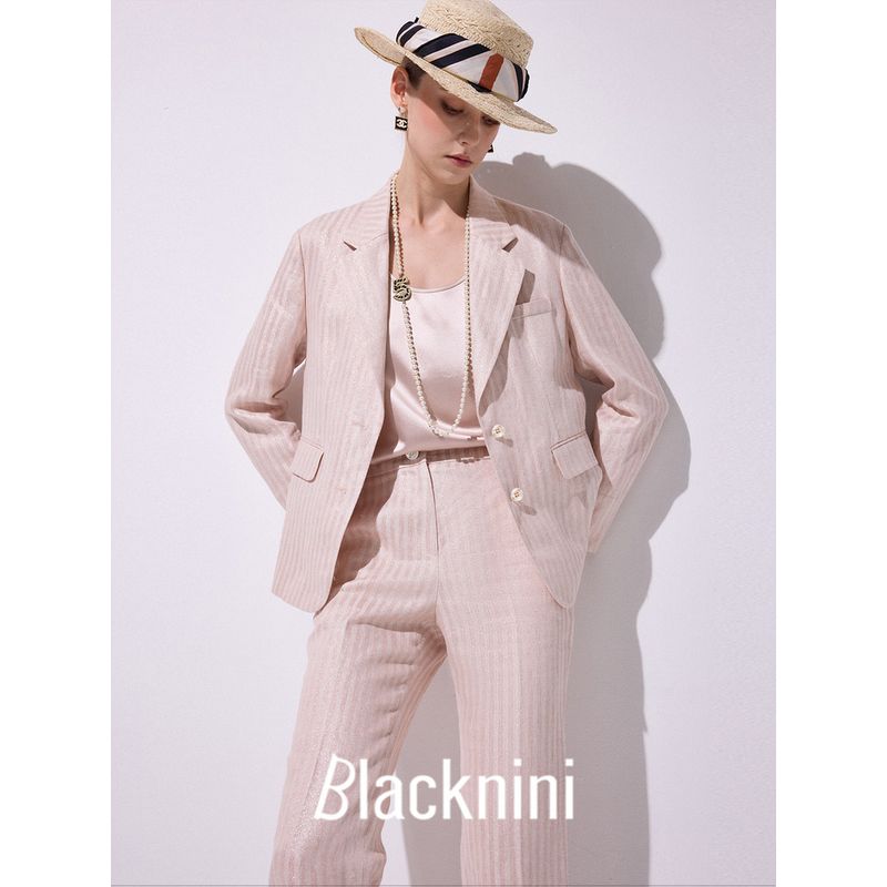 Blacknin "Heroine" Linen Gold and Silver Silk Thin and Glittering Closure Collar Stripes Pink Suit Outwear Vest Cropped Pants
