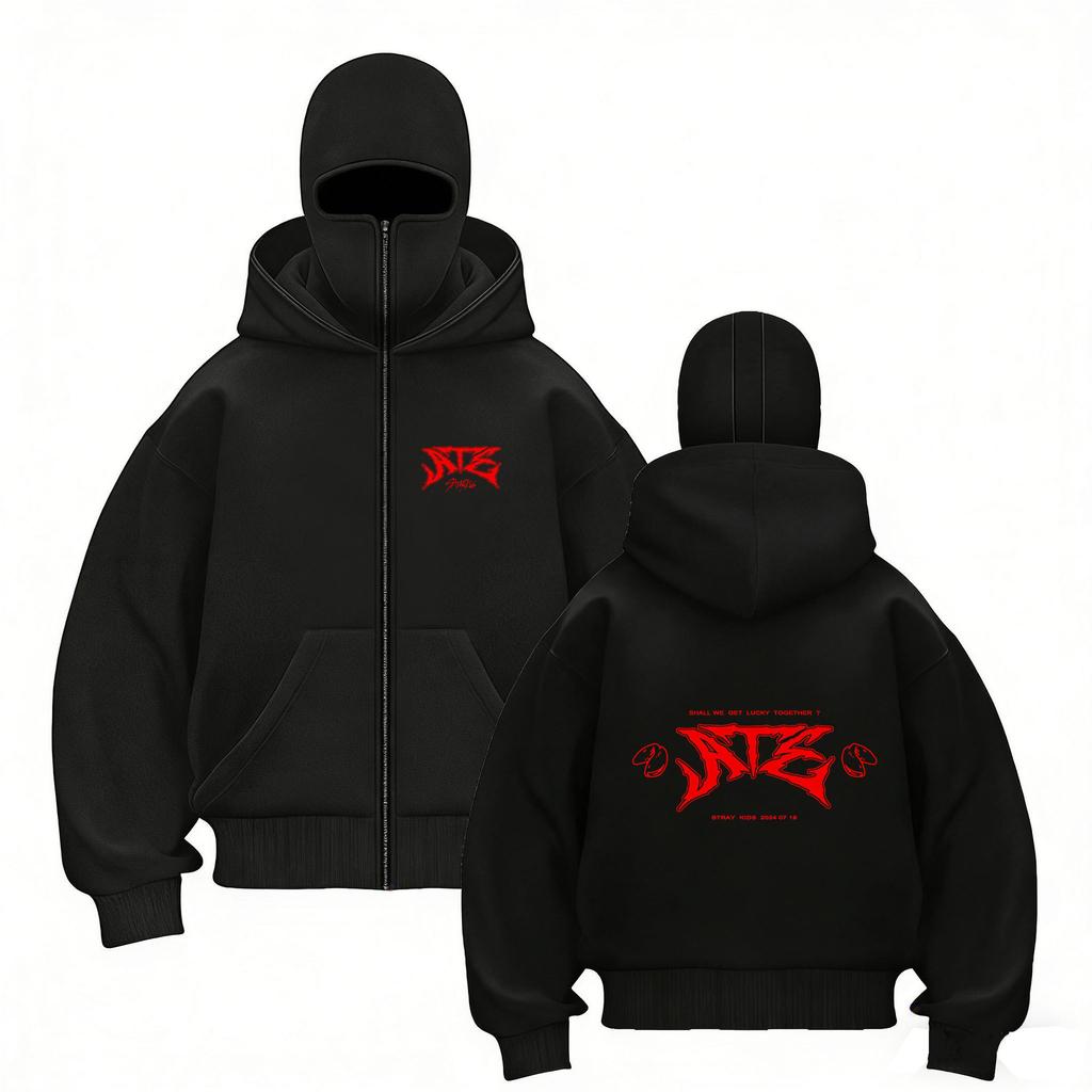 Stray Kids Skz Harajuku Printed Stray Kids Double Hood Zip-Up, Harajuku Print SKZ Hoodie for STAY Two-hat Zip-up Shirt for Men and Women