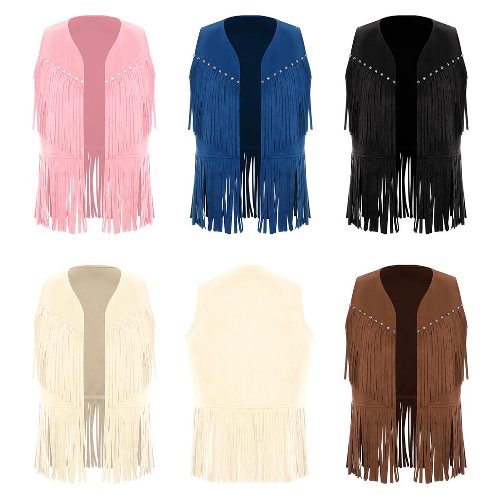 Unisex Kinder Cowboyweste Offene Weste Dekorative Nieten auf der Brust Quasten-Design Fransen-Saum Western Party Kostüm