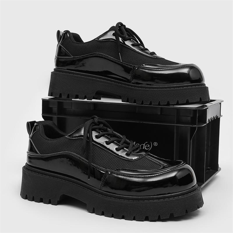 Fashion Solid-Color Patent Leather Mesh Men's Lace-Up Casual Shoe Comfortable And Durable Walking Shoe Breathable Round-Toe Travel Shoes
