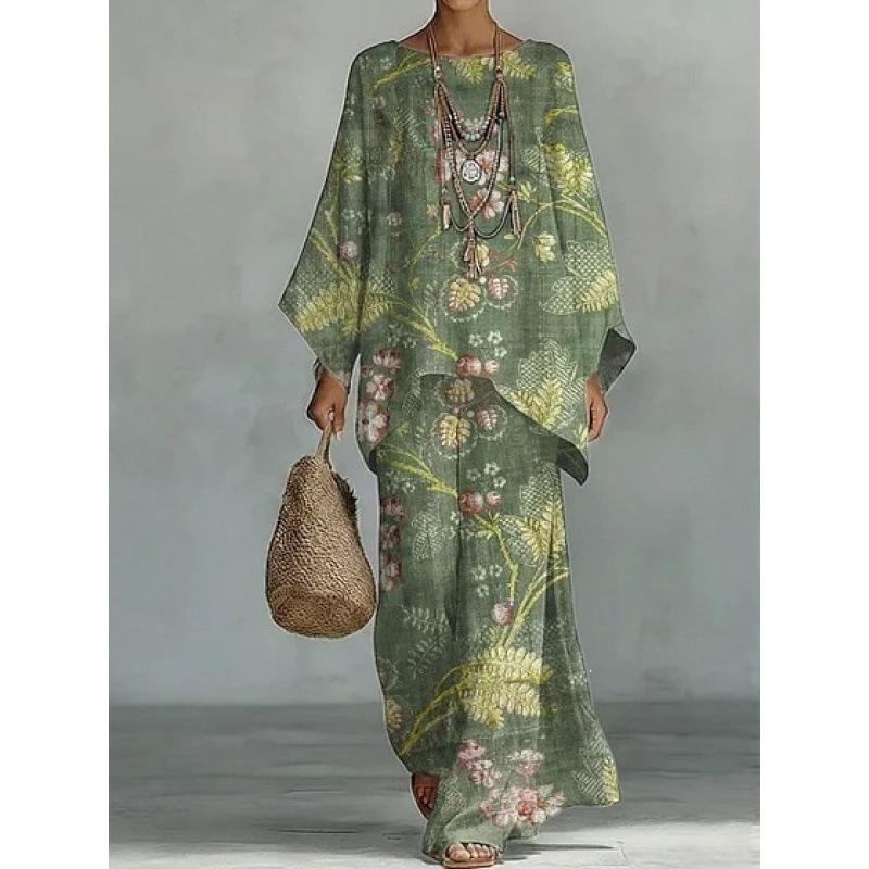 New round neck bat sleeve printed loose set bohemian lazy casual two-piece set