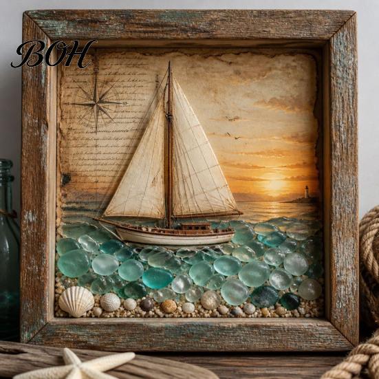 Exquisite Design Ornament Sea Glass Art Painting with LED Light, DIY Mosaic Arts and Craft Kit, Picture Frame Lamp Ocean Themed Beach Kit for