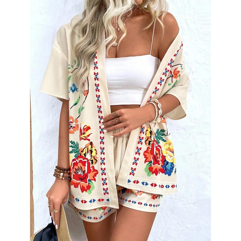 2026 Summer New Fashion Women's Flower Print Two-piece Outfits Casual Vacation Short Sleeve Cardigan + Shorts Set 100% Polyester