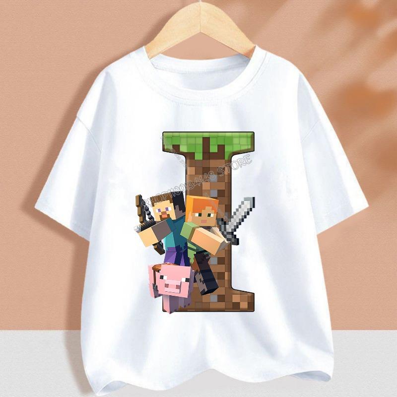 Hot Pixel Game T-shirt Children A-Z Letter White Clothes Cartoon Round Collar Clothing New Kids Short Sleeve Summer Tee Top Gift