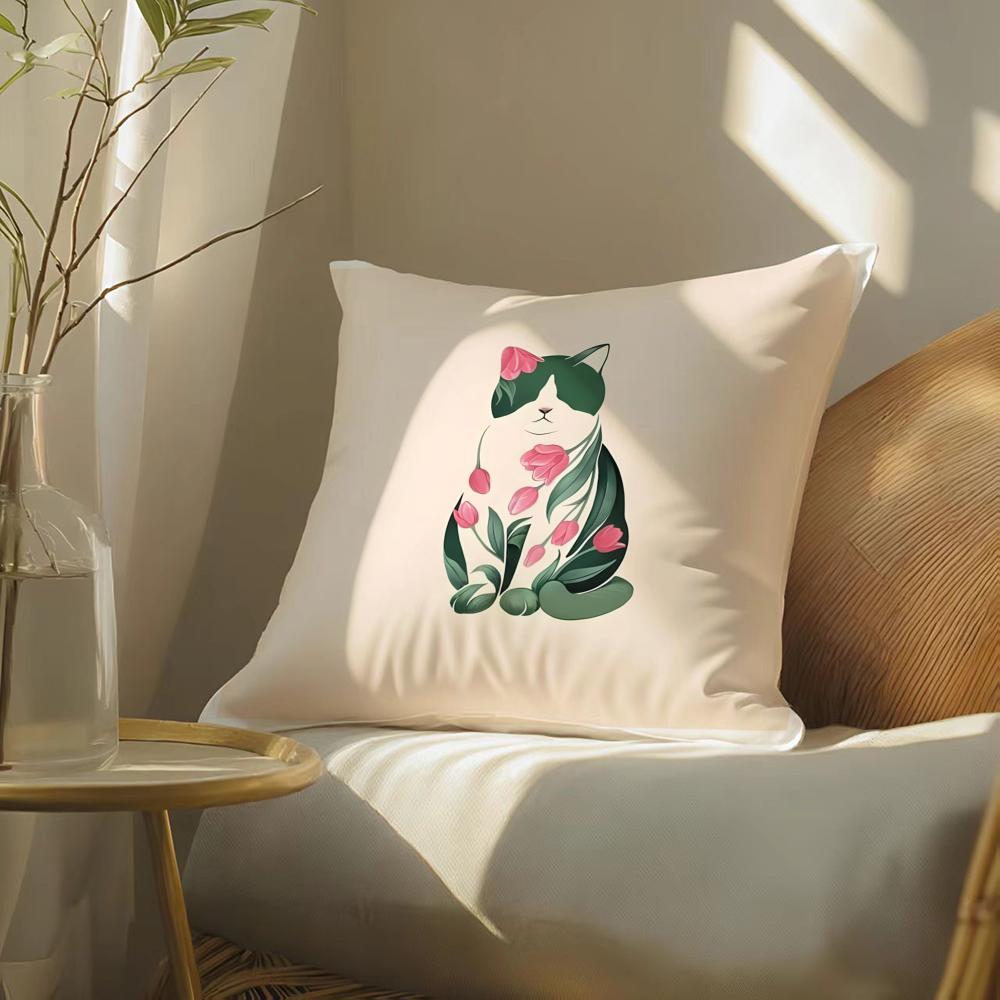 Cute Pink Cat Pattern Pillow Case Double-Sided Plush Sofa Cushion Covers Organic Breathable Invisible Zipper