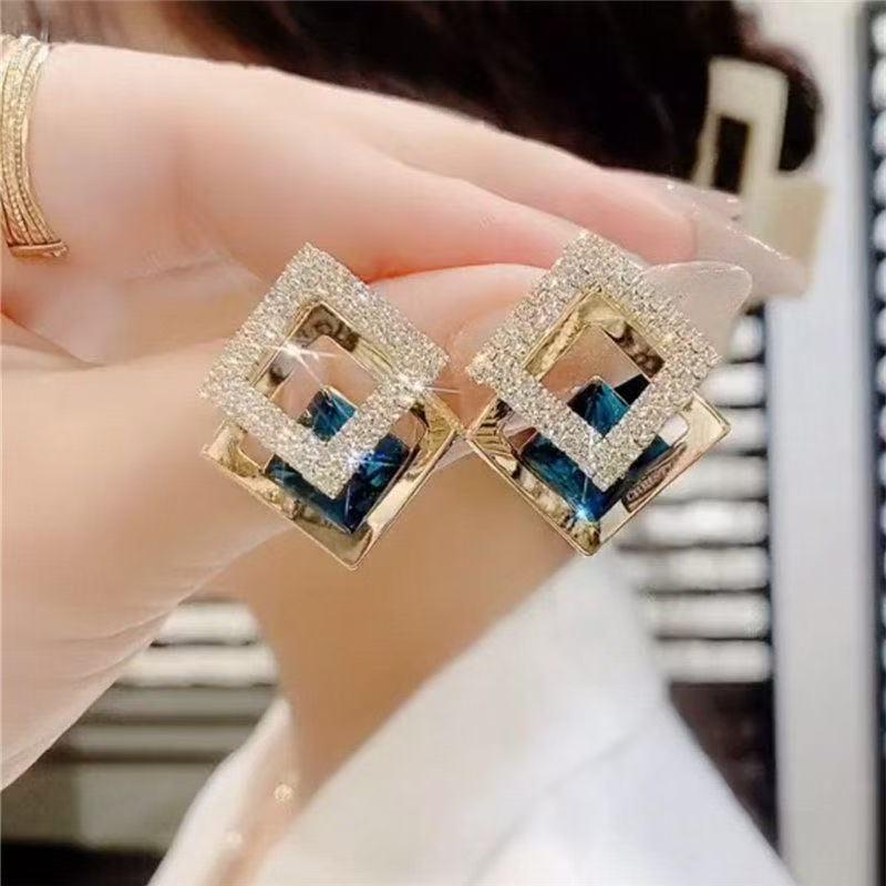 Elegant Blue Crystal Double Rhombus Geometric Stud Earrings for Women