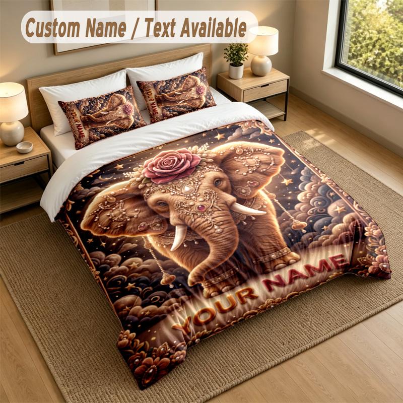 Elephant Theme Personalized 3Pcs Bedding Set Custom Text & Name 1 Sheet 2 Pillowcases Household Bedding 1pc