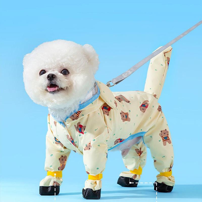 Puppy Waterproof Clothes Full Print Bear Pet Raincoat Four Legs All Inclusive Towing Poncho Teddy Outdoor Clothes