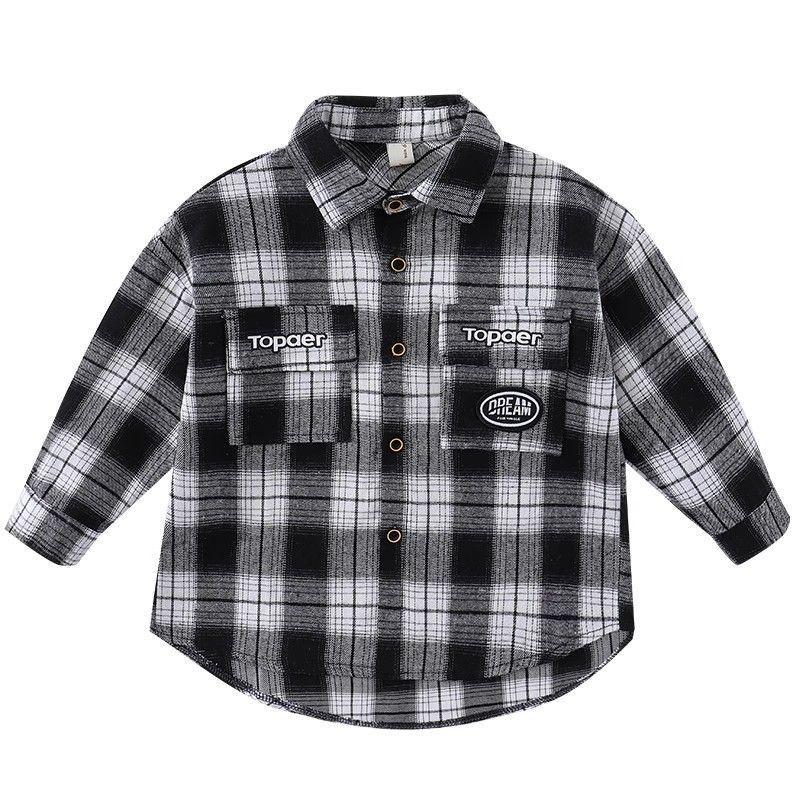 Boys' Plaid Long Sleeve Shirt Jacket, Spring & Autumn 2025, Korean Style, Trendy & Loose Fit for Big Kids.