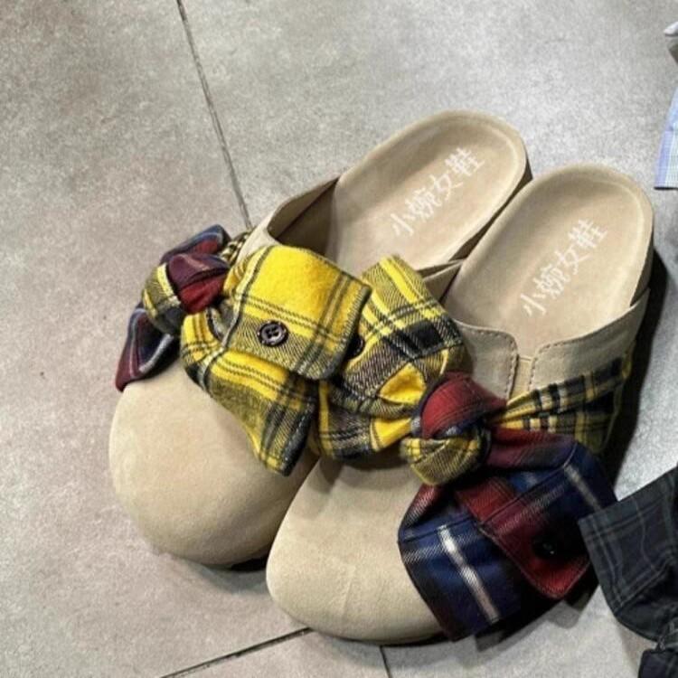 Japanese Solid Color Bow Cute Cartoon Bag Head Half Slippers Women's 25 Years of New Wear Retro College Lazy Shoes