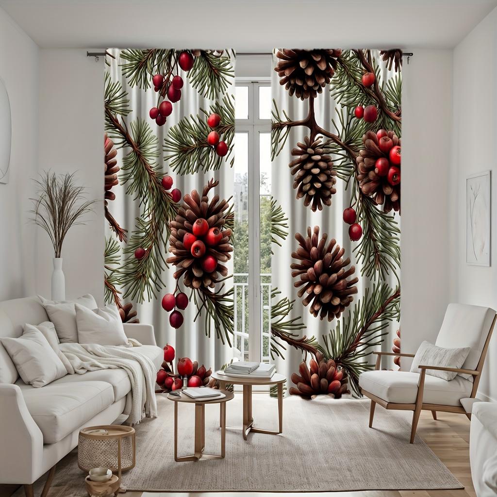 Contemporary Christmas Pinecone Berry Curtains Semi Transparent Style Bedroom Living Room Decor Set Of 2 Made Polyester Machine Washable Sitting