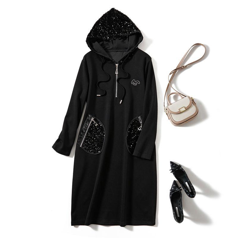 

Quality European Goods Hooded Casual Skirt! Women s Sequin Stitching over the Knee Ponte De Roma Front Placket Zipper Dress Fall and Winter Black L