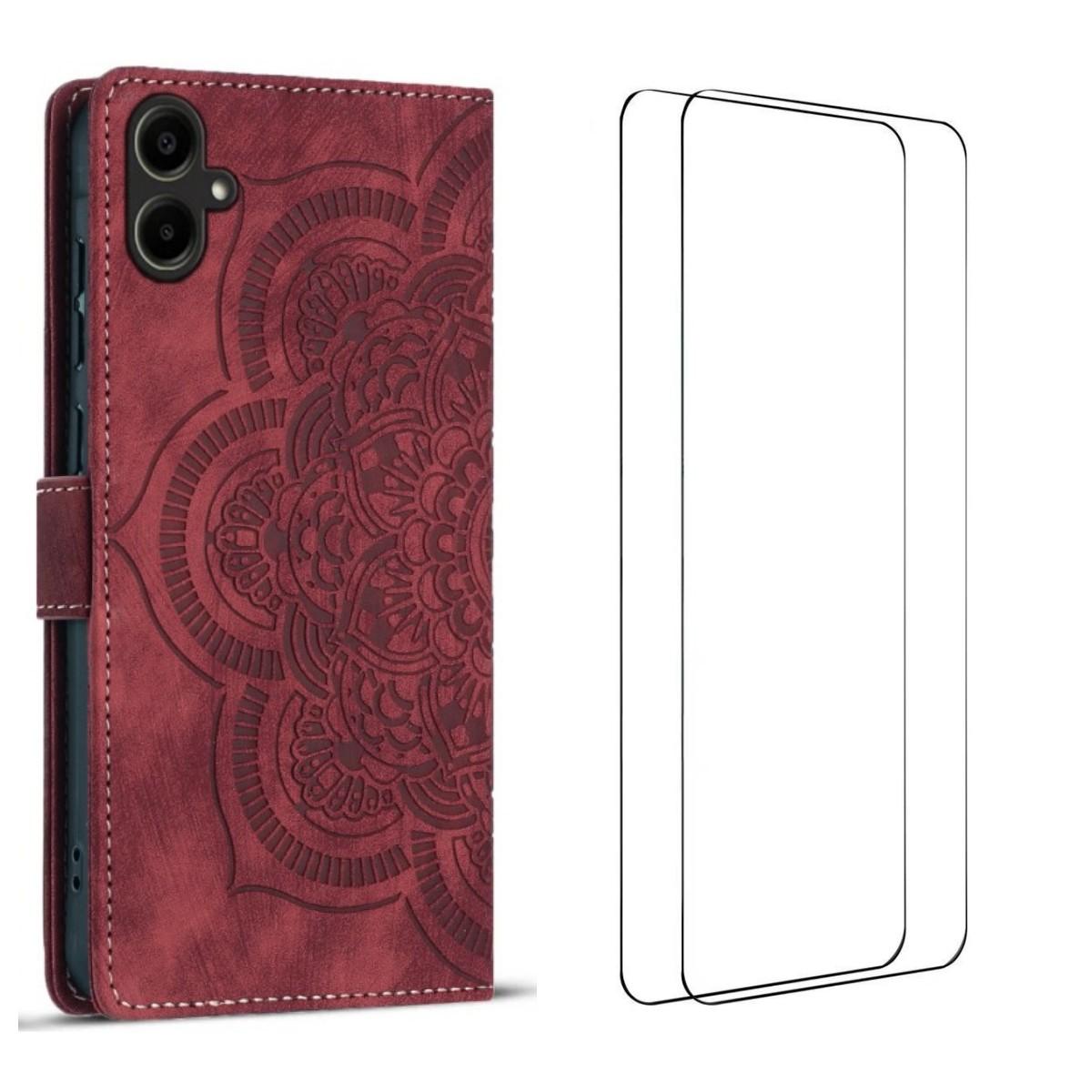

For Samsung Galaxy A06 4G Case with 2Pcs Tempered Glass WANLONFENG MTL Series Mandala Leather Phone Cover Red