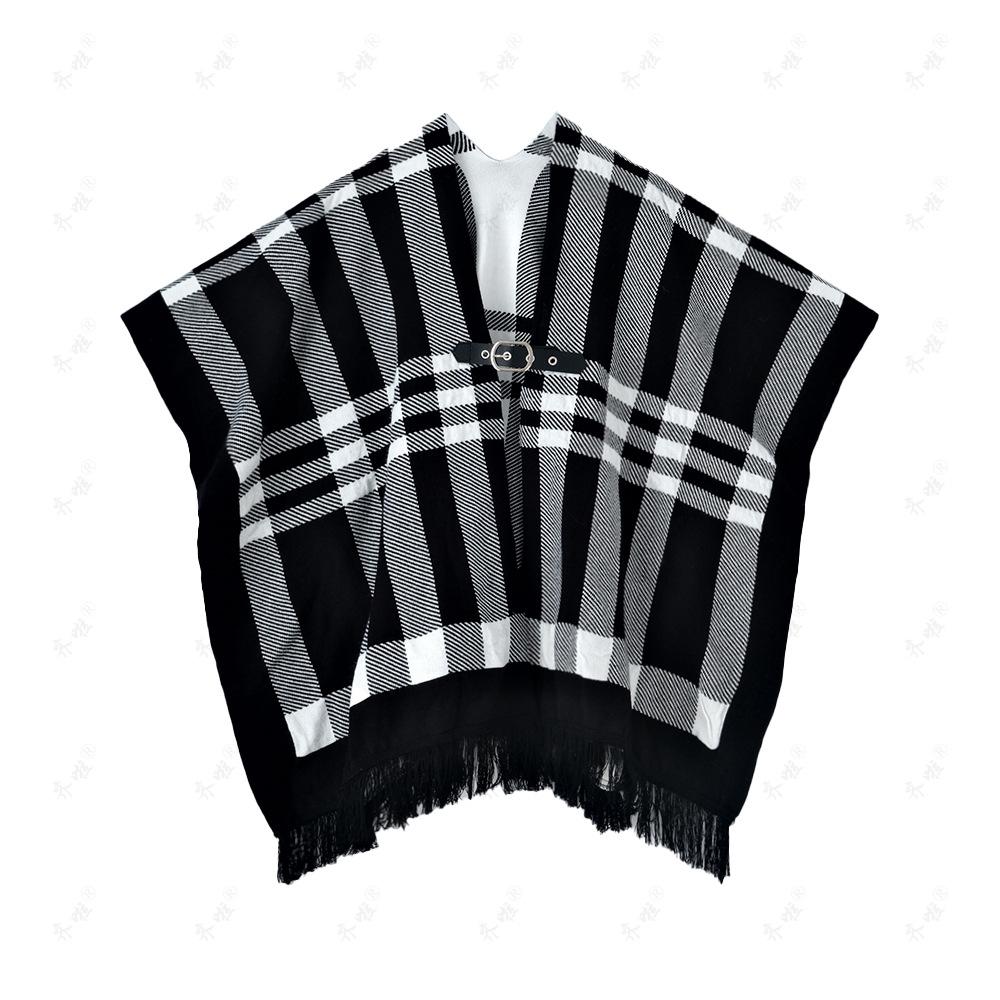 

Теплая осень и зима, новая накидка с бахромой, клетчатая шаль, мягкий вощеный свитер, вязаный кардиган с двухсторонней накидкой one size чёрный