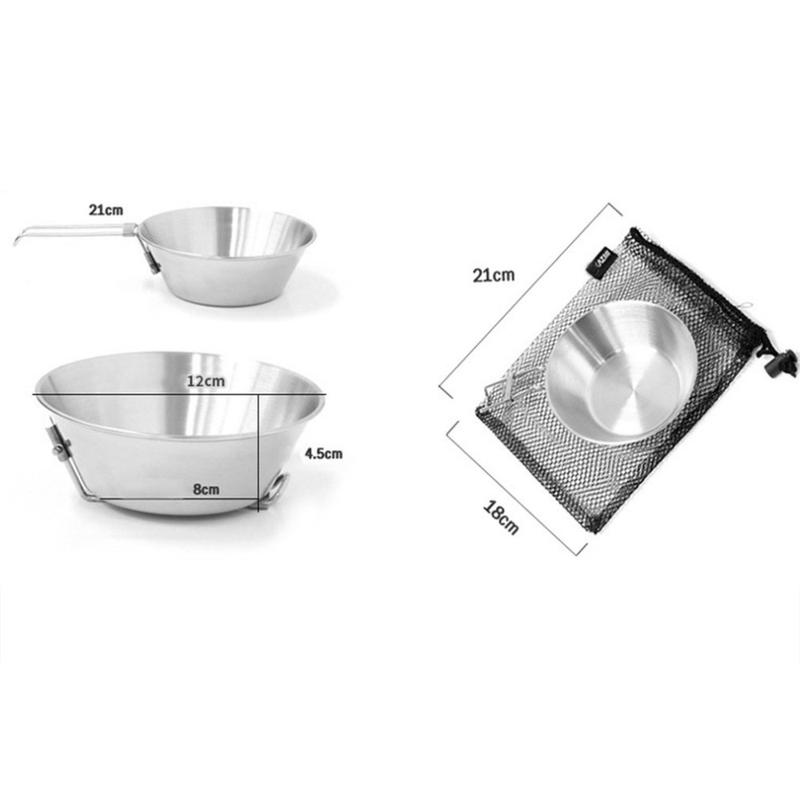 Stainless Steel Bowl With Foldable Handle Outdoor Camping Picnic Tableware Portable Cookware