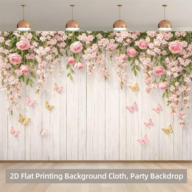 2D Flat Printing White Wood Plank Background Cloth with Pink Flowers for Birthday Party Photoshoot