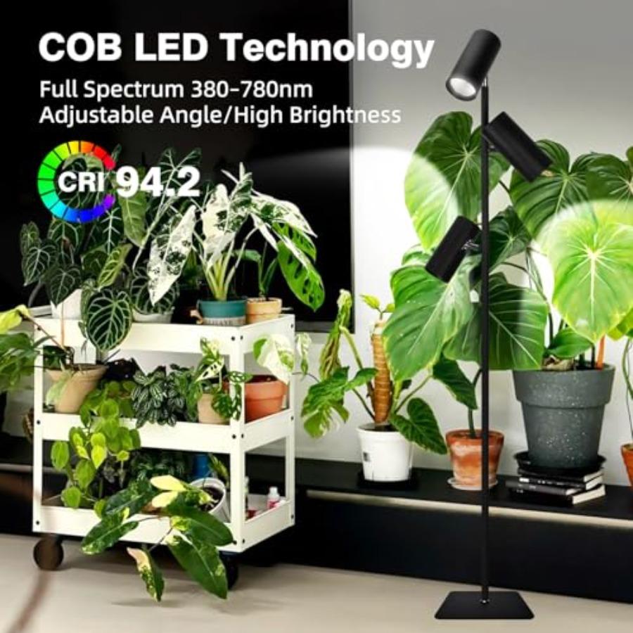 90W Dimmable Grow Light Daylight Full Spectrum COB LED Triple-Head Floor Lamp with High PPFDCRI 6/8/12H Timer Adjustable Height
