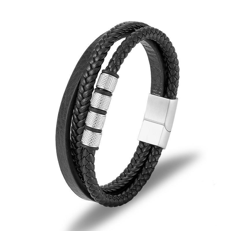 Mens Minimalist Multi-Layer Braided Leather Bracelet Stainless Steel Cuff Geometric Design Adjustable Size