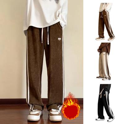 Men Pants Thick Plush Straight Wide Leg Casual Loose Striped Deep Crotch Full Length Sweatpants Hip Hop Streetwear Drawstring Elastic