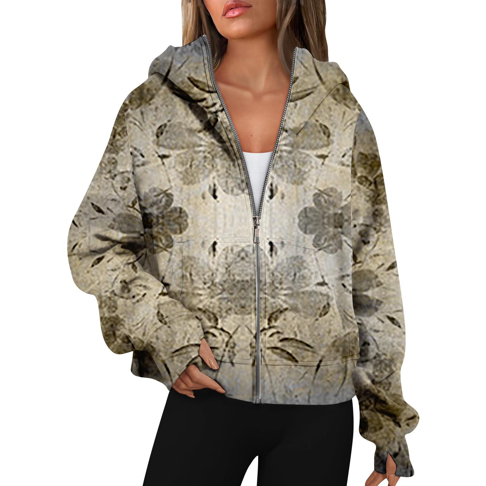 

Женские толстовки с длинным рукавом, повседневные толстовки на молнии, толстовки с отверстиями для большого пальца, пальто, куртки с карманами M хаки