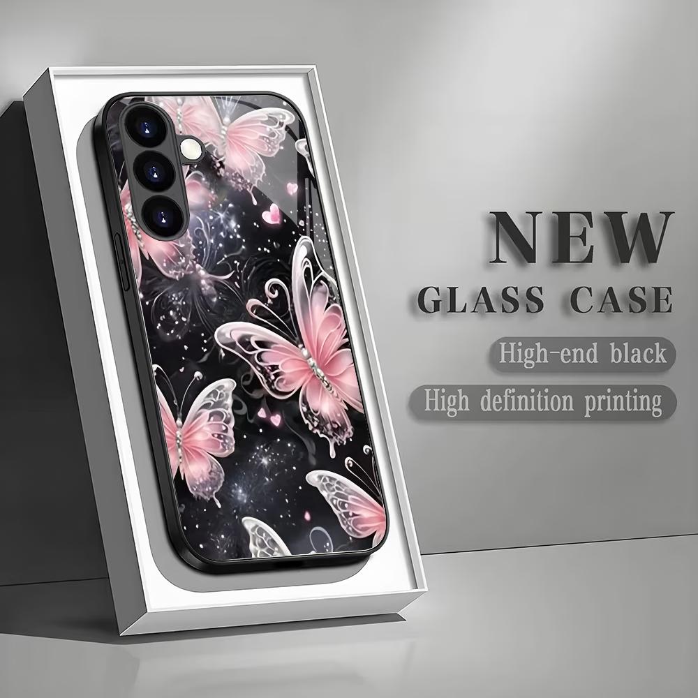Pink butterfly tempered glass phone case suitable for Samsung Galaxy S26 S25 S24 S23 S22 S20 FE/Ultra/Plus anti drop back cover