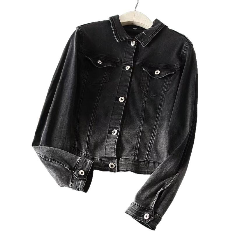 Women's Black Stretch Denim Jacket - Retro, Versatile, Short Spring Outerwear