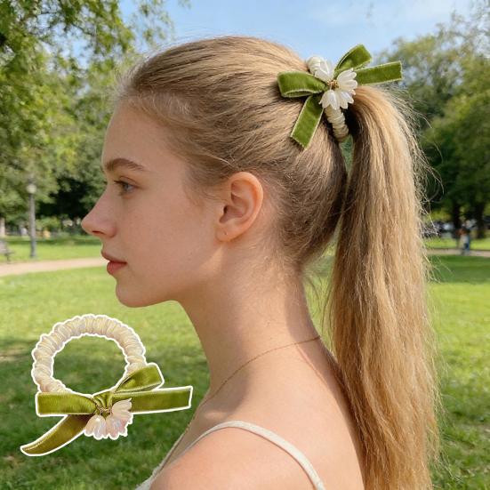 Girl Hair Tie Flower Charm Velvet Bow Decor Soft Pleated Fabric High Elastic Rubber Band Hair Rope Travel Commuting Hair Accessories