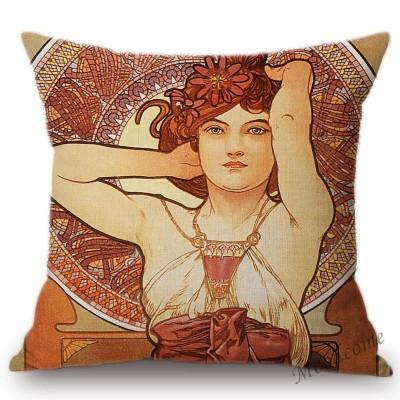 Vintage European Art Nouveau Mucha Gallery Decorative Sofa Pillow Cover Beautiful Beauty Girl Cotton Linen Luxury Cushion Cover