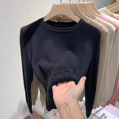 Knitted Bottoming Shirt Women's Autumn and Winter New Fleece Thickened Integrated Fleece Pullover Round Neck Warm Inner Sweater