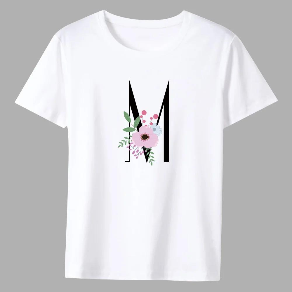 Men's Classic T-shirt Casual O-neck Flower and Black Lettern Printing Pattern Series Commuter All-match Breathable White Shirt