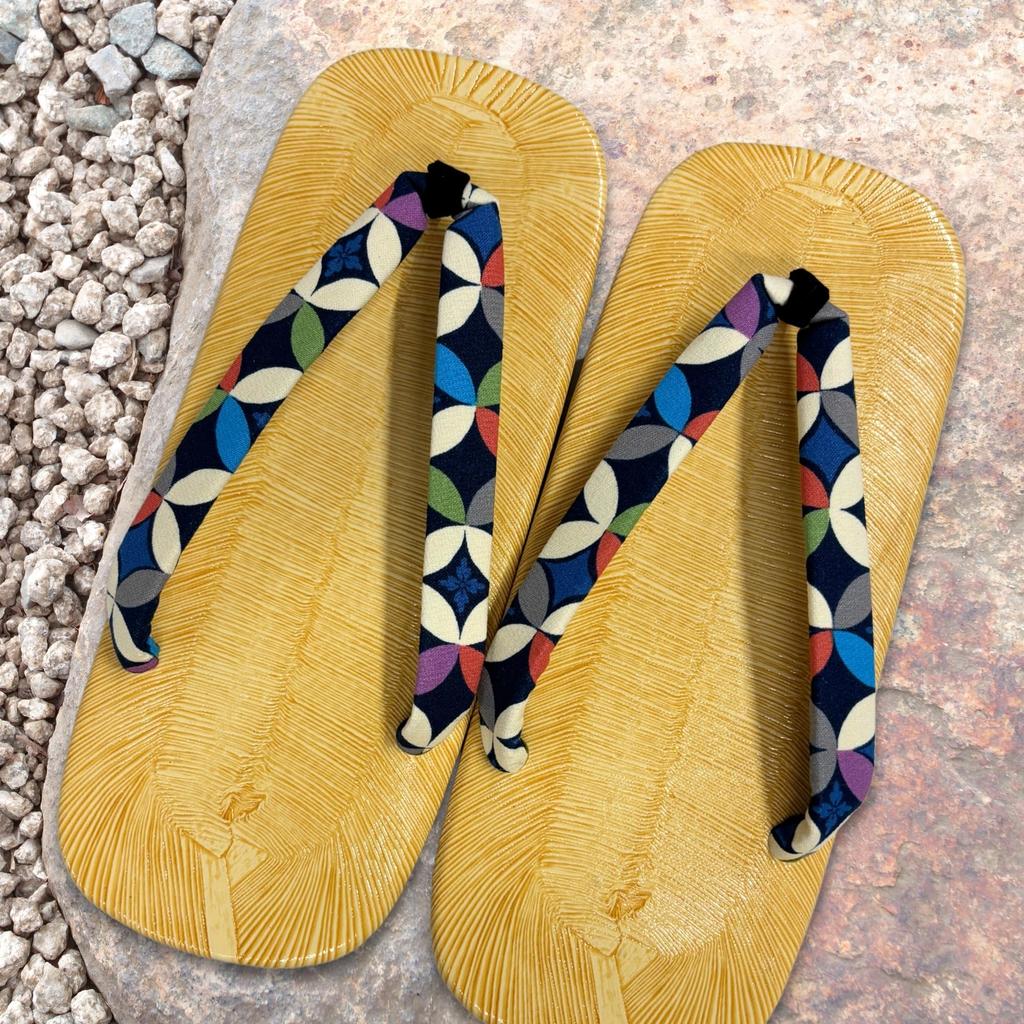 Edoten Geta Made In Yellow Tatami Patterned Navy Shippo Size L Sandals, Japan, Sole, Strap, Blue, Pattern,