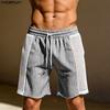 INCERUN Men Drawstring Elastic Waist Striped Hollow Beach Sports Shorts Pants