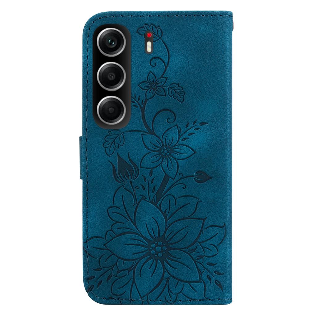 For TECNO Camon 40 4G Stand Case Lily Flower Imprint Leather Phone Cover with Wrist Strap