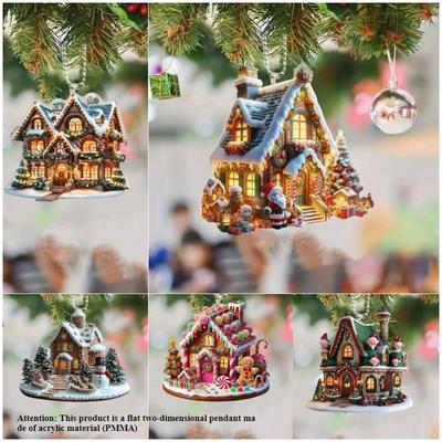 1 stücke/5 stücke Neue acryl flache 2D Weihnachten haus floral Weihnachten baum anhänger hause dekoration auto hinten spiegel anhänger schlüssel anhänger