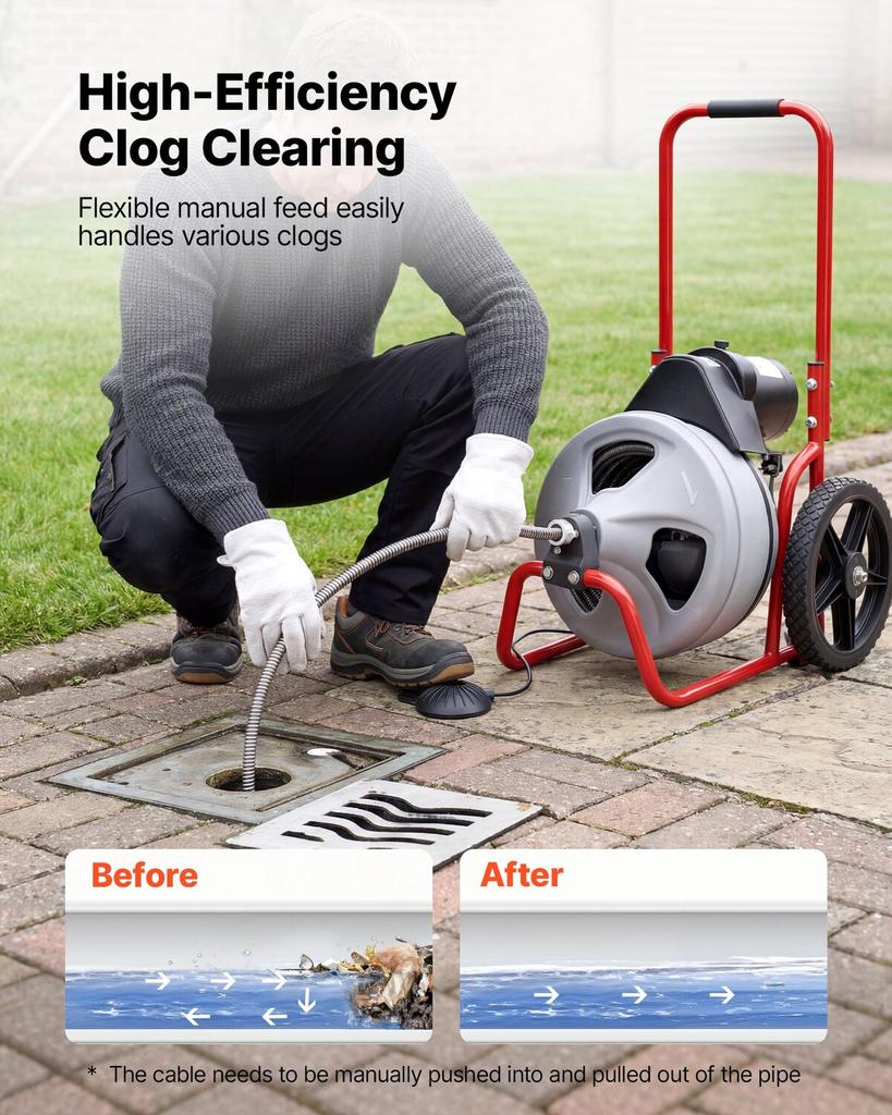 Drain Cleaner Machine 22m x 9.5mm, Sewer Snake Auger Manual Feed on Wheels, Portable Drain Cleaning Machine with 6 Cutters & Air-activated Foot Switch