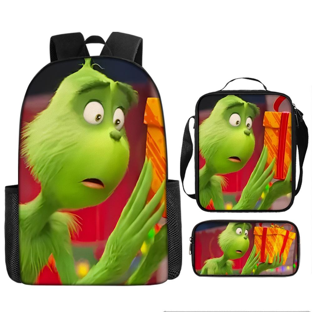 Green Hair Monster Grinch School Bag Campus 12345th and 6th Grade Backpack Lightweight Weight Loss Computer Bag Three-piece Set