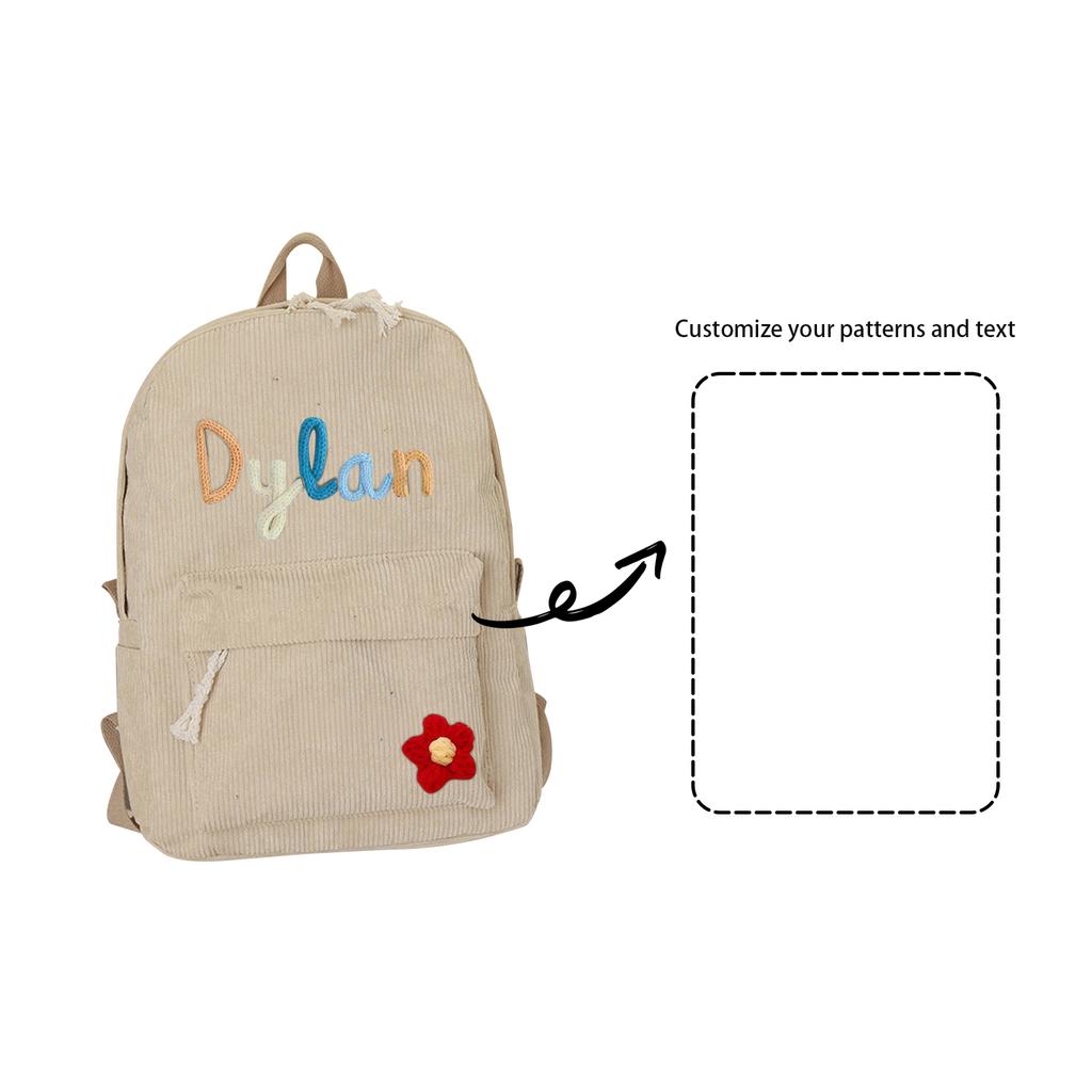 Personalized Corduroy Backpack With Name - Customized Bookbag With Cotton Rope Woven - Custom Name Back Pack For Birthday