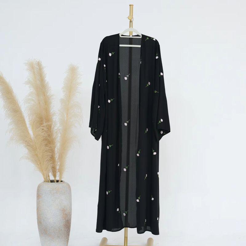 

New Ethnic Style Flower Embroidery Elegant Cardigan Dress Embroidered Cardigan Dress Black L